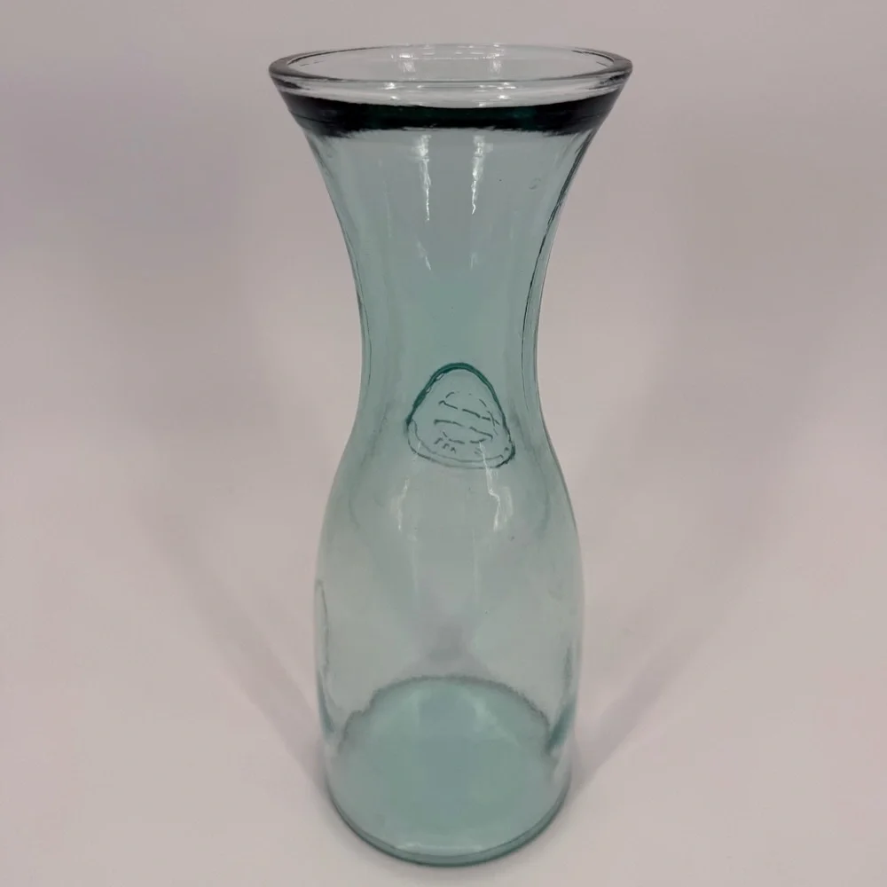 Vintage Spain Recycled Glass Carafe 10” Tall Vase Embossed Seal MCM Farmhouse